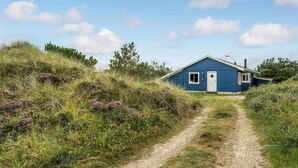 A blue house with a white door and a chimney, surrounded by grassy terrain and trees. - Cozy home in Frøstrup with kitchen (Frøstrup)