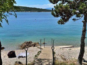 En tydlig vy över en strand med en stenig kustlinje, en stig av småsten som leder ner till vattnet och en avlägsen trädrad.