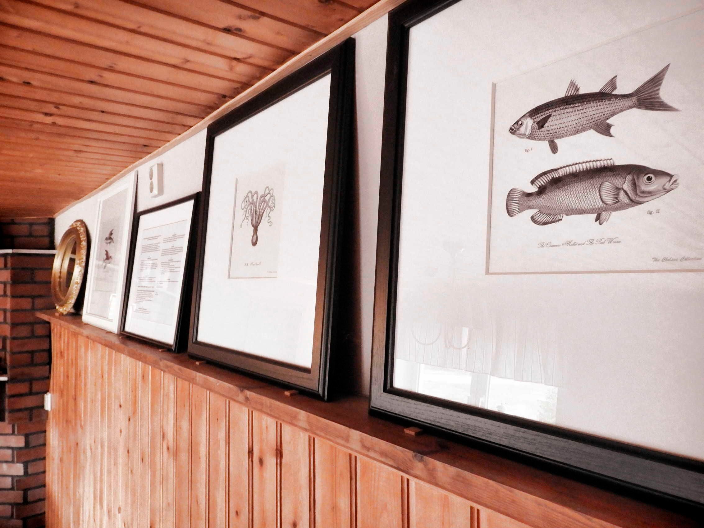A wall with framed fish illustrations and a brick fireplace.