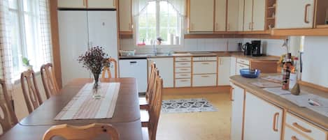 Fridge, stovetop, dishwasher, coffee/tea maker