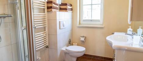 A bathroom with a glass shower enclosure, a toilet, a sink, and a window.