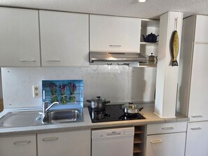 A kitchen with white cabinets, a stainless steel sink, a black induction cooktop, and a dishwasher. - Vacation apartment Alfredo (Wustrow)