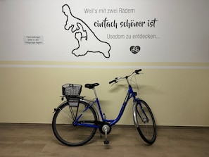 Un vélo bleu avec un panier et un mur orné d’une citation allemande et d’un panneau indiquant : « Veuillez garer les porte-vélos dans le parking souterrain. »
