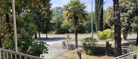 Vista desde un balcón con barandilla, sobre un área pavimentada con árboles y una carretera.
