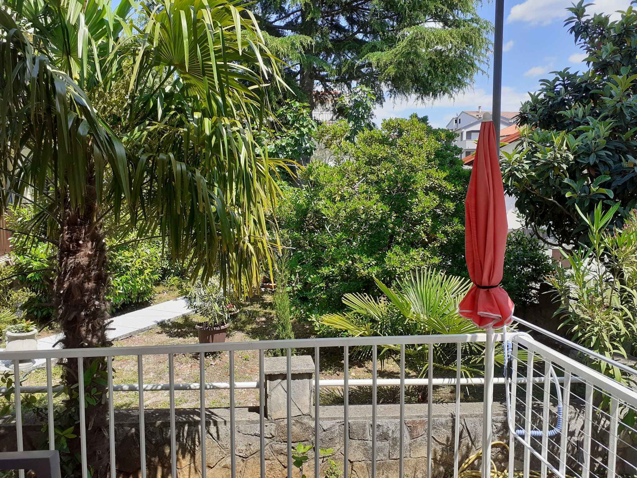 Un jardín con diversas plantas y un paraguas rojo.