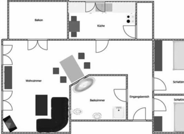 A hotel layout with a balcony, kitchen, bathroom, and living area.