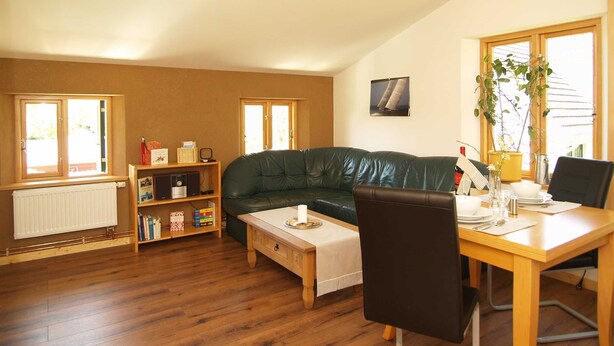 A cozy living room with a green leather sofa, wooden coffee table, and a dining table with chairs. There are two windows providing natural light, a radiator, and a bookshelf with various items. - Pfarrweg 10 PF-10 - PF-10 (Kühlungsborn)