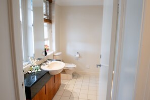 A modern bathroom with a sink, toilet, and mirror.