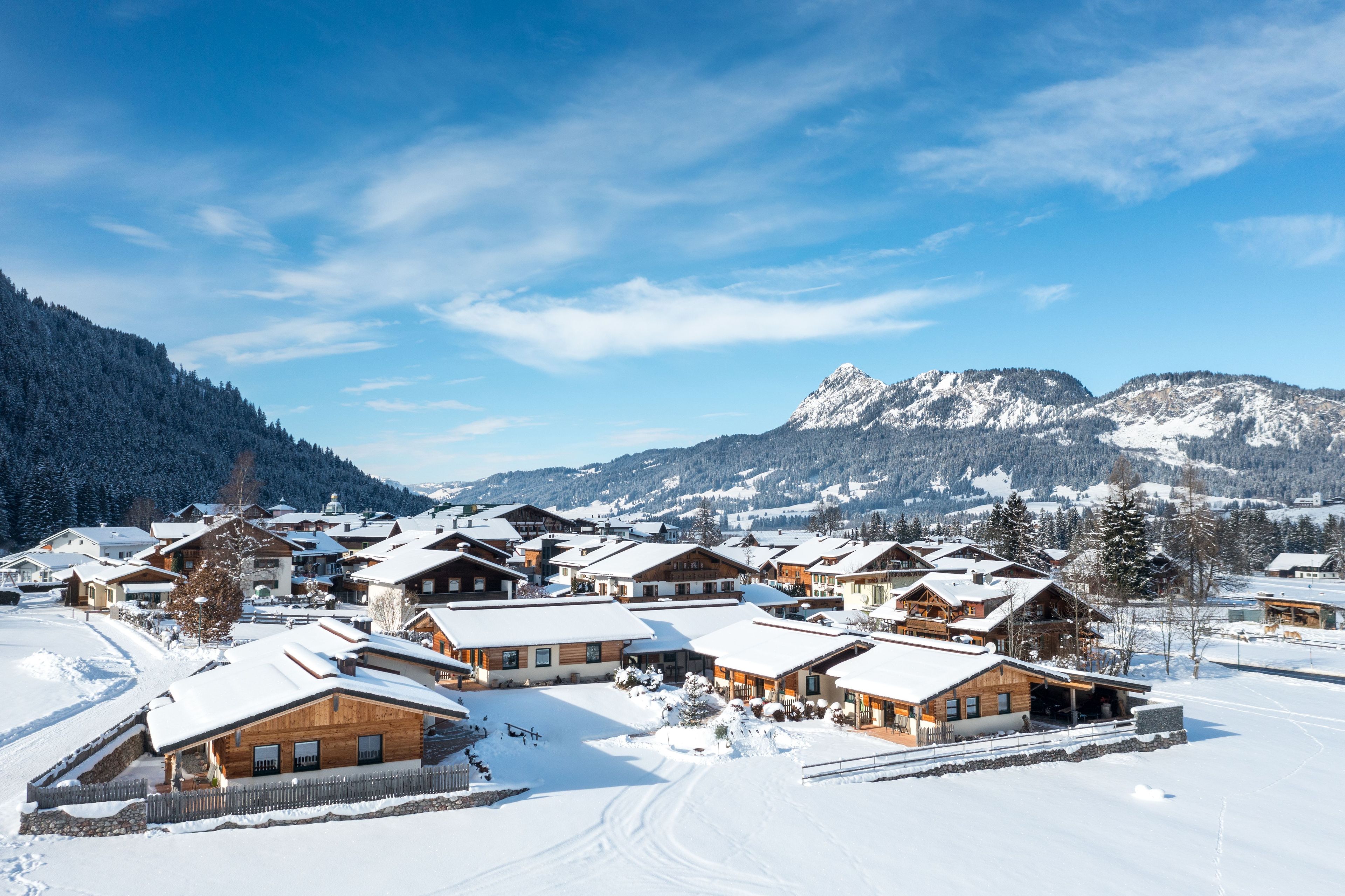 A snow-covered village with wooden houses and a mountain backdrop.