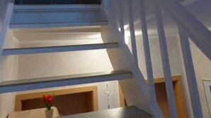 A staircase with blue railings leading to a wooden door.