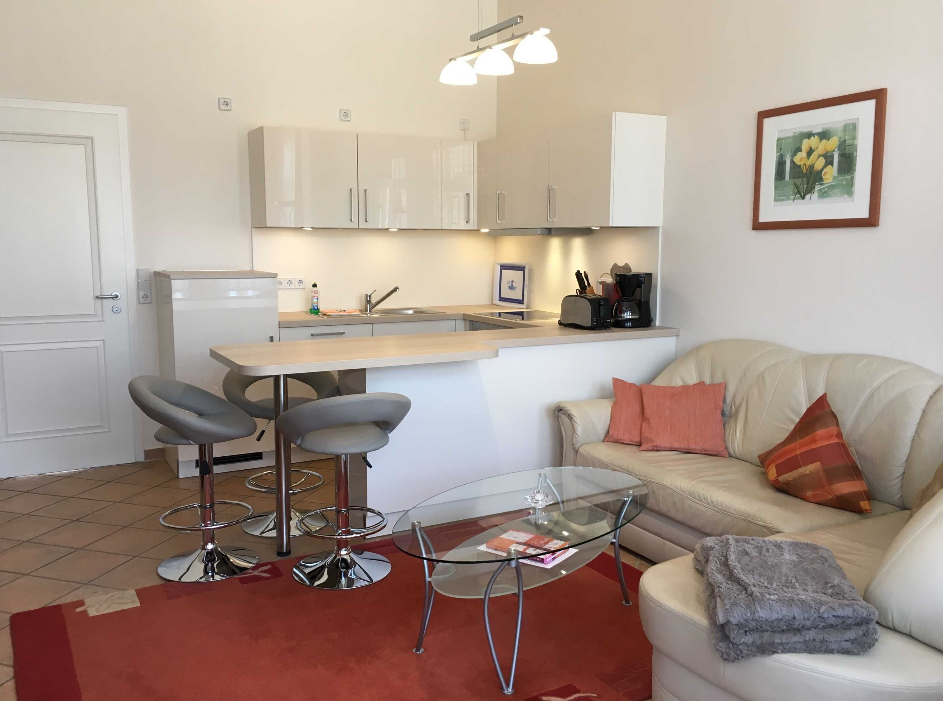Un espacio habitable compacto con kitchenette, una mesa de vidrio para comer, un sofá y una cafetera.