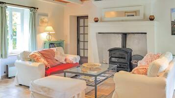 Cheminée, lecteur de DVD, table de tennis de table