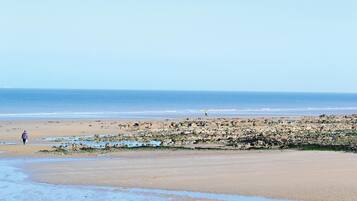 Een strand met rotsachtig terrein en rustig water.