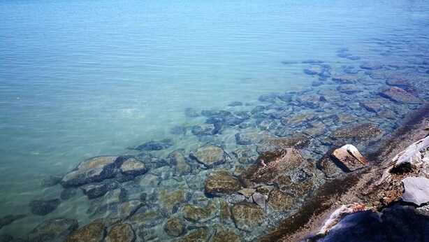 A clear view of a rocky shoreline with calm water.