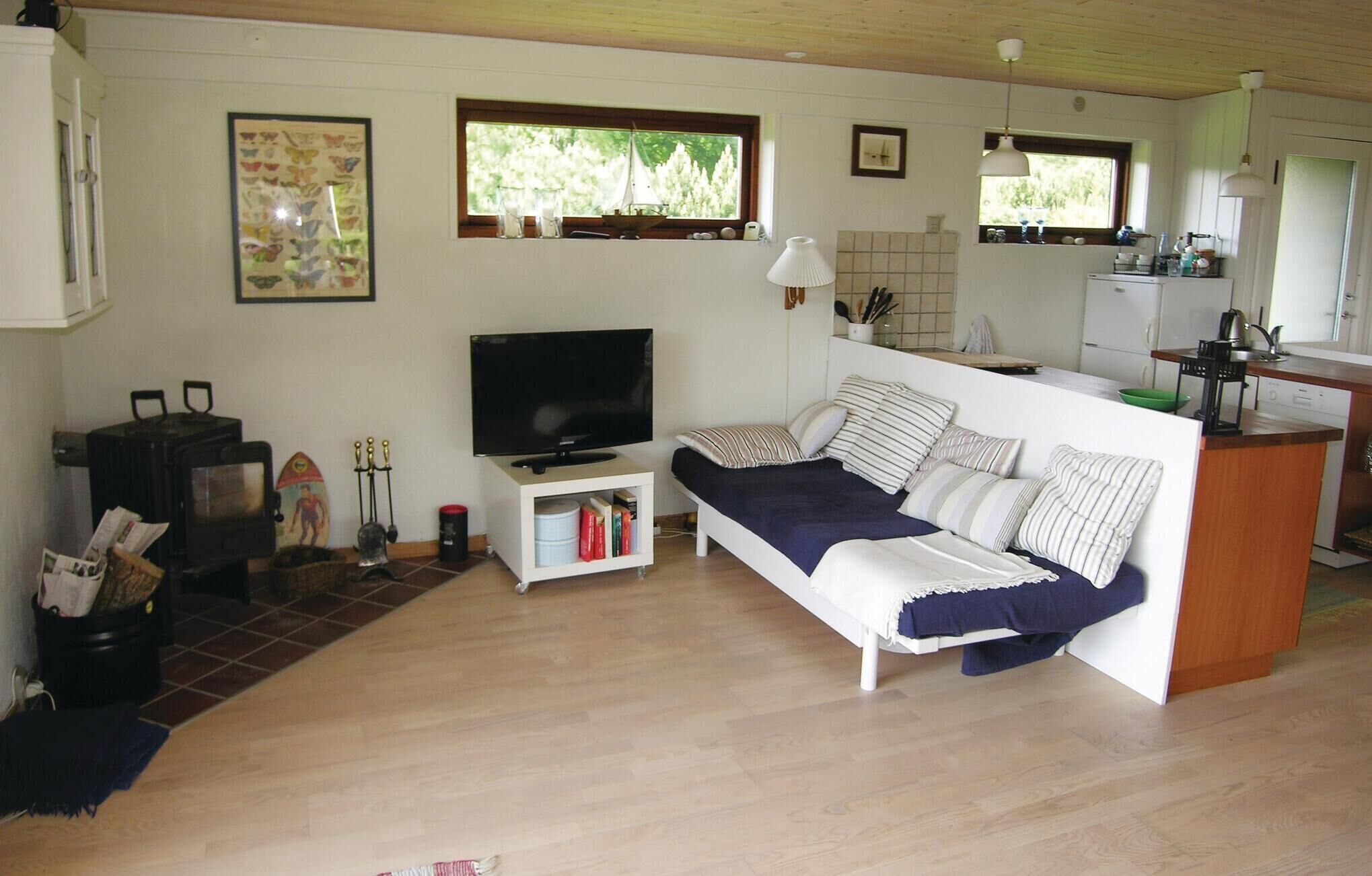 A cozy living room with a sofa, TV, and a small kitchen area.