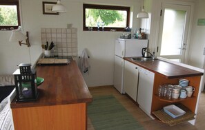 Fridge, stovetop, dishwasher, coffee/tea maker