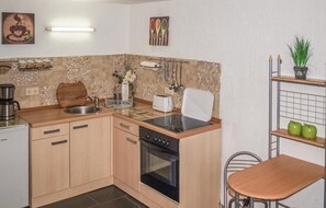 Kühlschrank, Mikrowelle, Herdplatte, Wasserkocher mit Kaffee-/Teezubehör