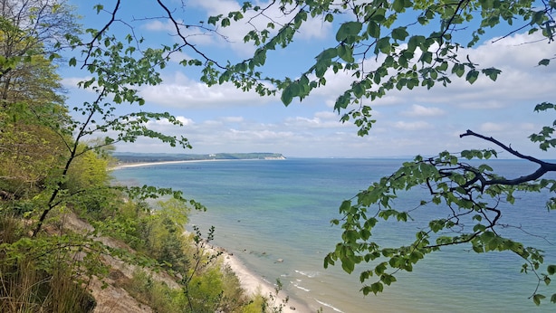 Een kustlandschap met een strand, heldere lucht en landvormen in de verte.