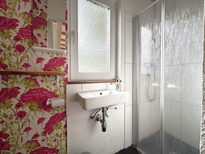 Shower, hair dryer, soap, toilet paper