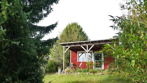 A red cabin with a porch, surrounded by dense greenery and a large tree.