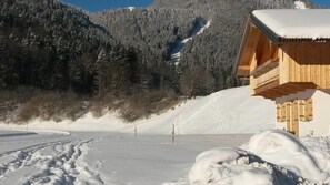 Een houten chalet met een sneeuwbedekte dak, omgeven door een besneeerd landschap en beboste bergen.