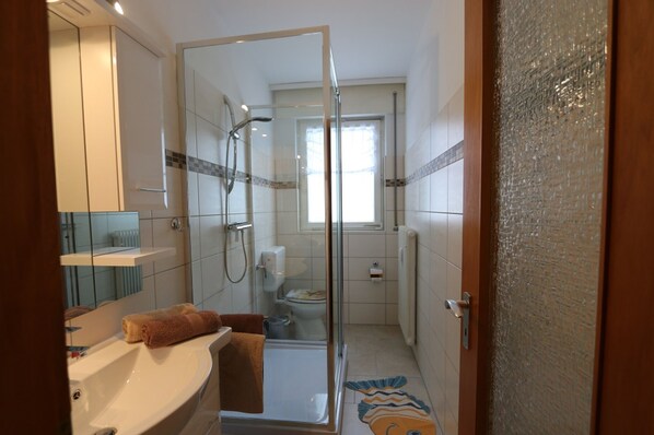 Regadera, secadora de cabello, toallas, jabón 