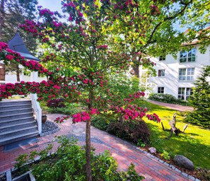 A building with a brick pathway leading to a set of stairs, surrounded by lush greenery and flowering trees.