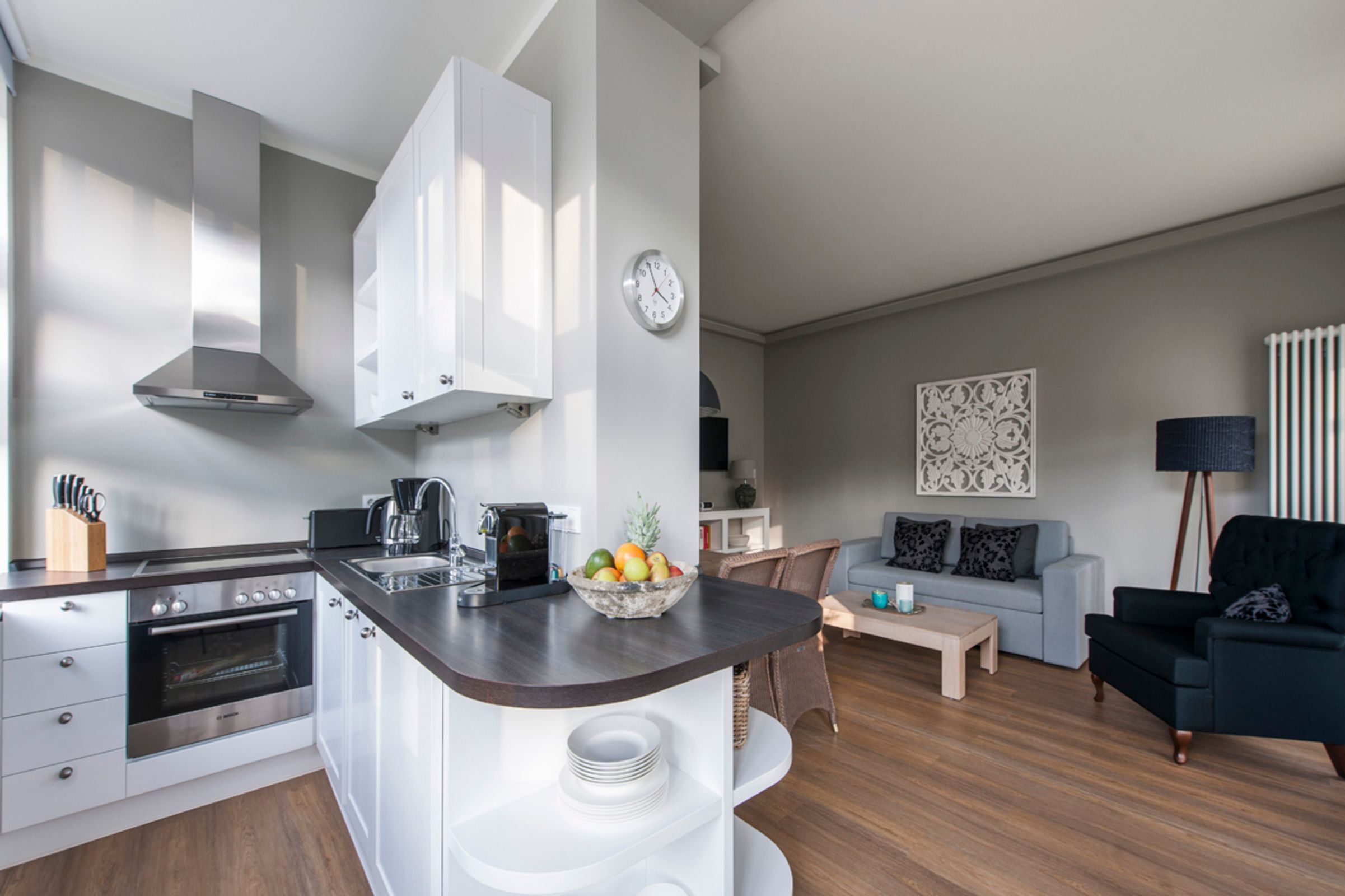 Fridge, oven, dishwasher, coffee/tea maker