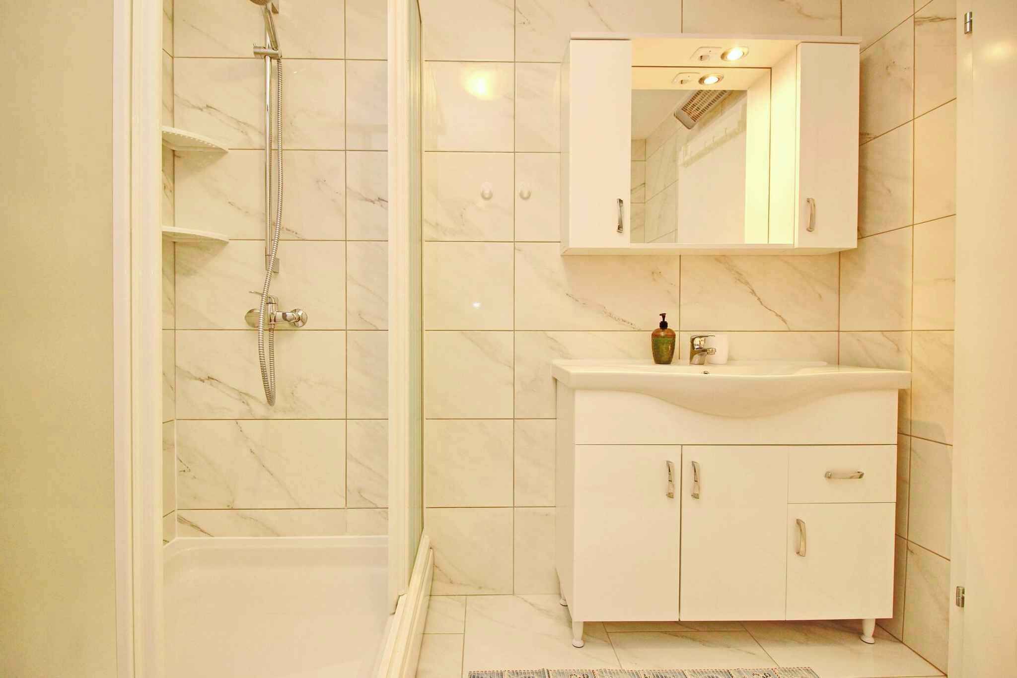 Un bagno con doccia, lavandino con specchio e mobiletto.