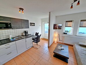 Fridge, microwave, coffee/tea maker, toaster