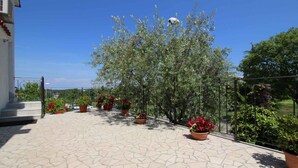 A courtyard with a tiled floor, potted plants, and a tree. - Holiday apartment with balcony (Poreč)