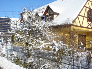 Un edificio tradizionale a struttura in legno e intonaco con rami imbiancati dalla neve di fronte.