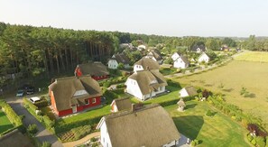 Un ensemble de maisons traditionnelles aux toits de chaume, entourées d’une végétation luxuriante et d’un vaste champ ouvert.