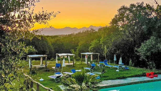 A poolside area with lounge chairs and umbrellas, surrounded by greenery and a view of mountains. - Cozy apartment in S.Martino in Colle LU with swimming pool (S.Martino in Colle LU)