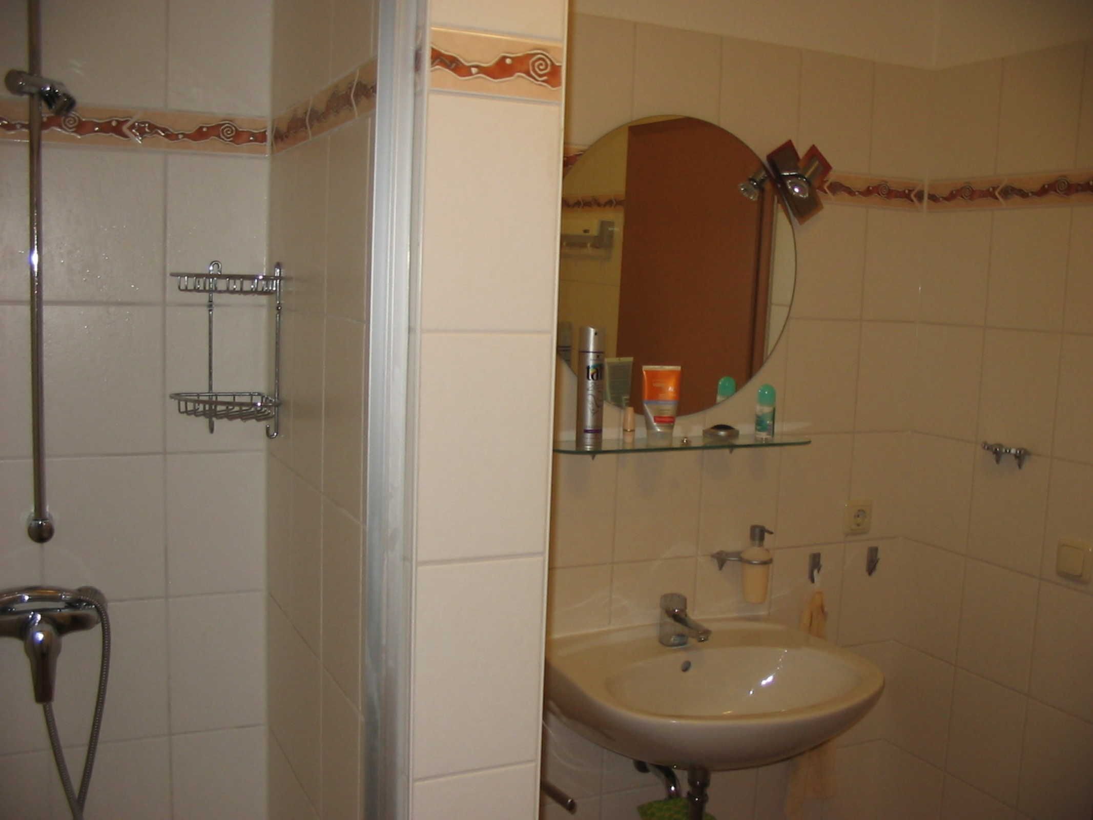 A bathroom with a shower, a sink, and a mirror.