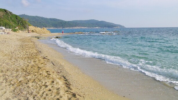 Ein Strand mit klarem Wasser, sandigem Ufer und einer Person, die am Wasser entlanggeht.