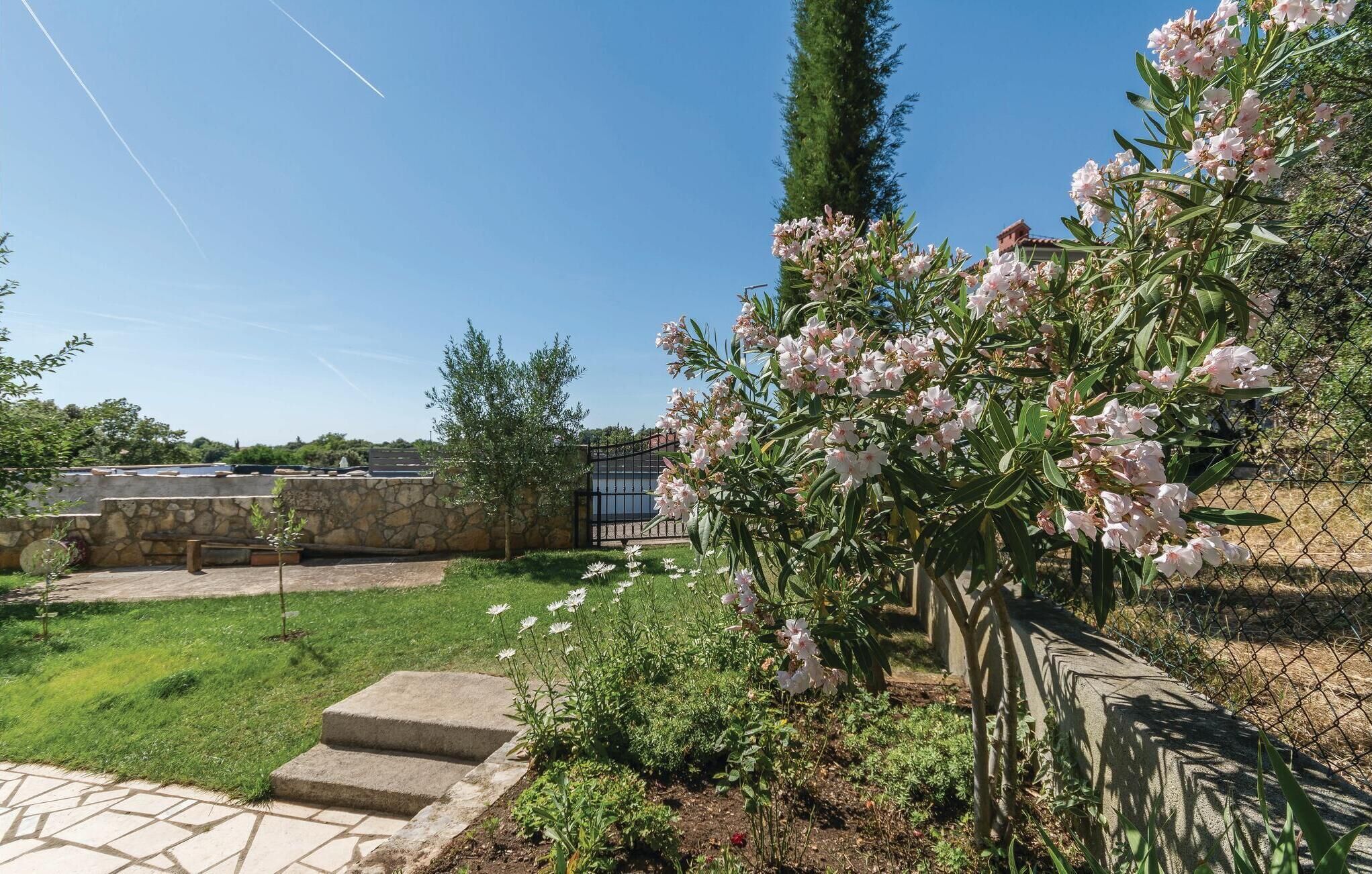 Een tuin met een stenen muur, een gazon en verschillende bloeiende planten.