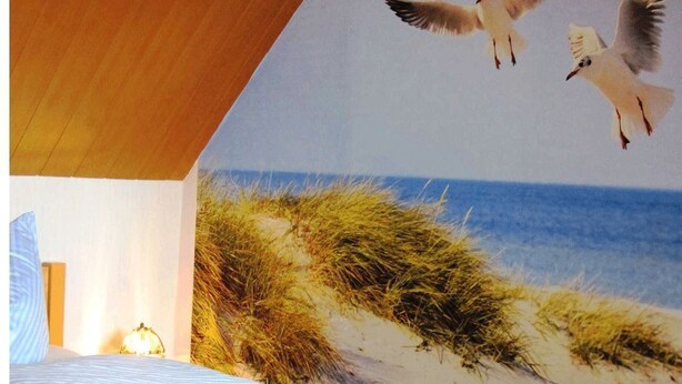 Ett sovrum med en säng, ett tr äpanelat tak och en väggmålning som föreställer måsar som flyger över en strand.