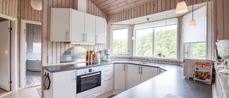 Fridge, stovetop, dishwasher, coffee/tea maker
