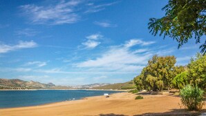 Une plage avec un ciel dégagé, un rivage sablonneux et quelques personnes.