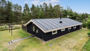 A black cabin with a sloped roof, a chimney, and a small porch.