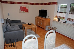 A living room with a grey sofa, a wooden table, a TV on a cabinet, and a window with curtains.