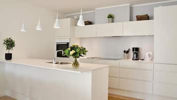 Fridge, stovetop, dishwasher, coffee/tea maker