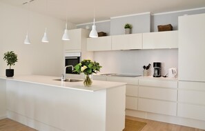 Fridge, stovetop, dishwasher, coffee/tea maker