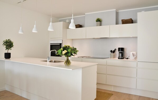 Fridge, stovetop, dishwasher, coffee/tea maker