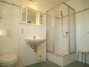 A bathroom with a toilet, sink, and shower.