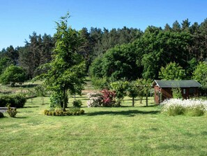 Een landelijk landschap met een houten hutje, omgeven door weelderige begroeiing en bomen.