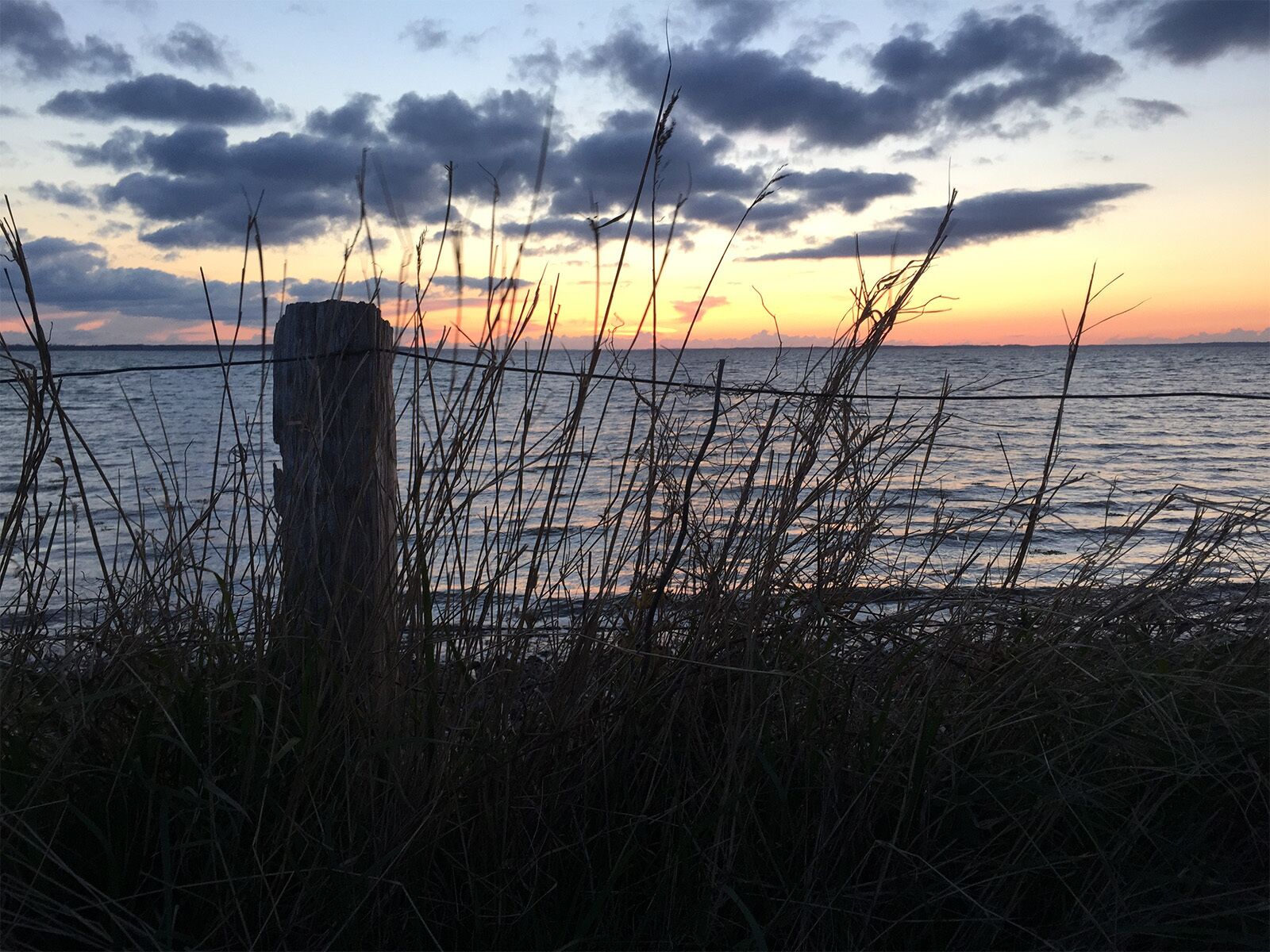 A coastal scene with a wooden post and grass in the foreground, leading to a view of the sea and a sunset sky.