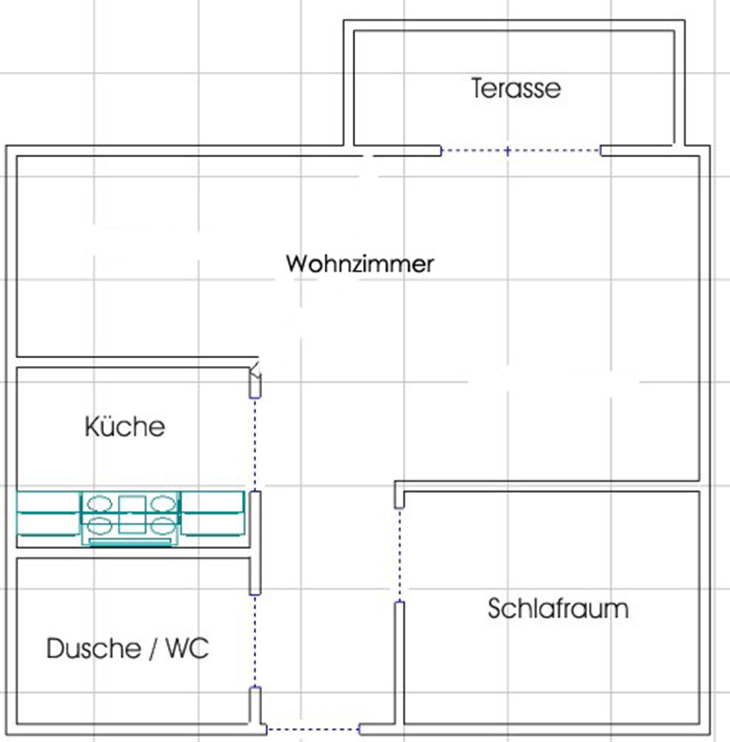 A floor plan with a living room, kitchen, bathroom, and bedroom.