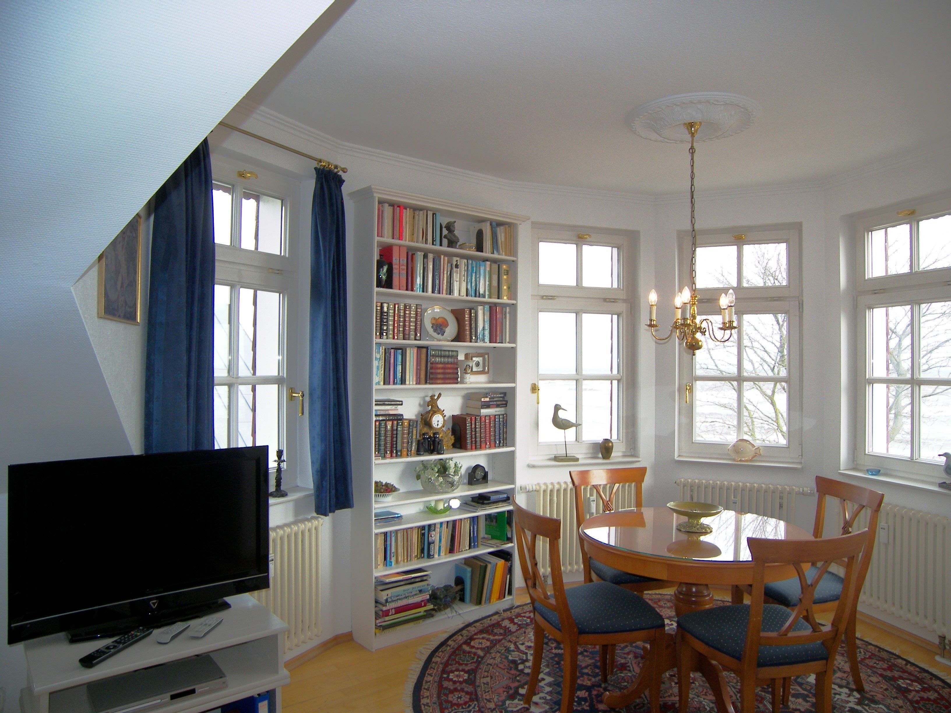 A room with a television, bookshelves, a dining table with chairs, and large windows.